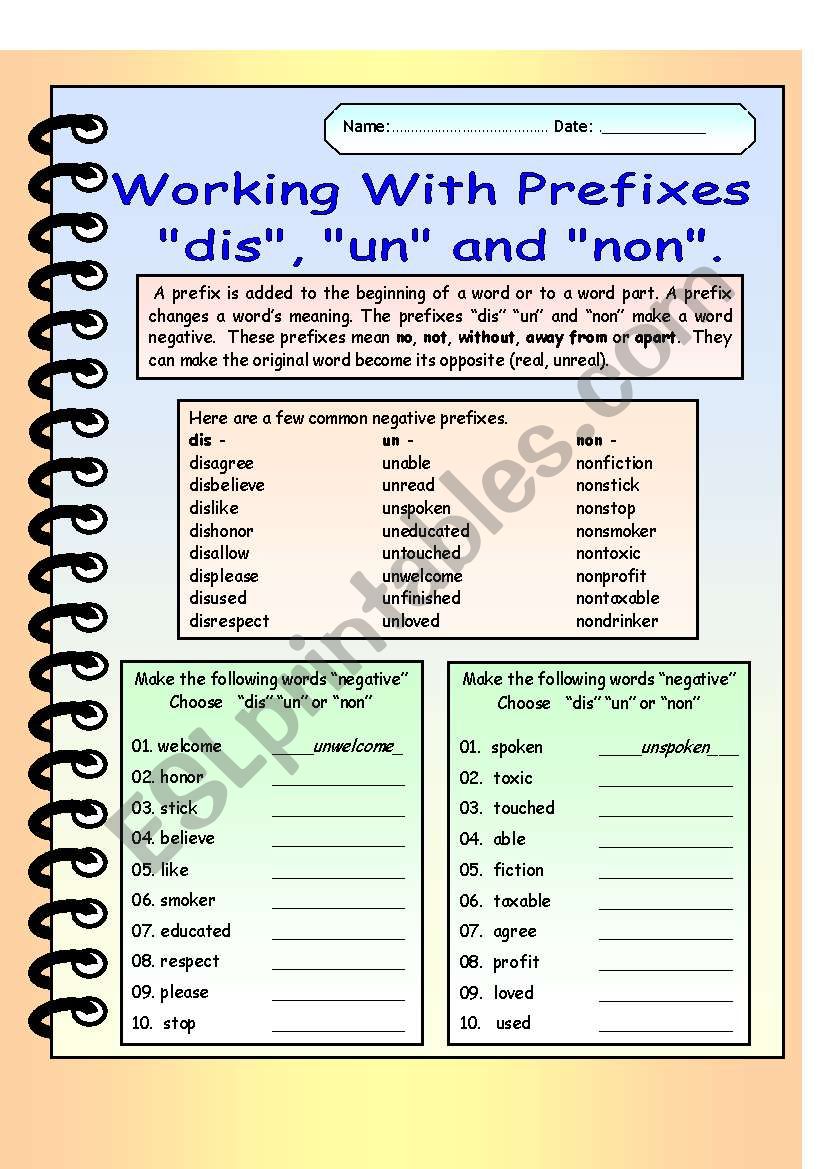 Negative Prefixes dis, non and un,  with Answer Key.  Editable. 