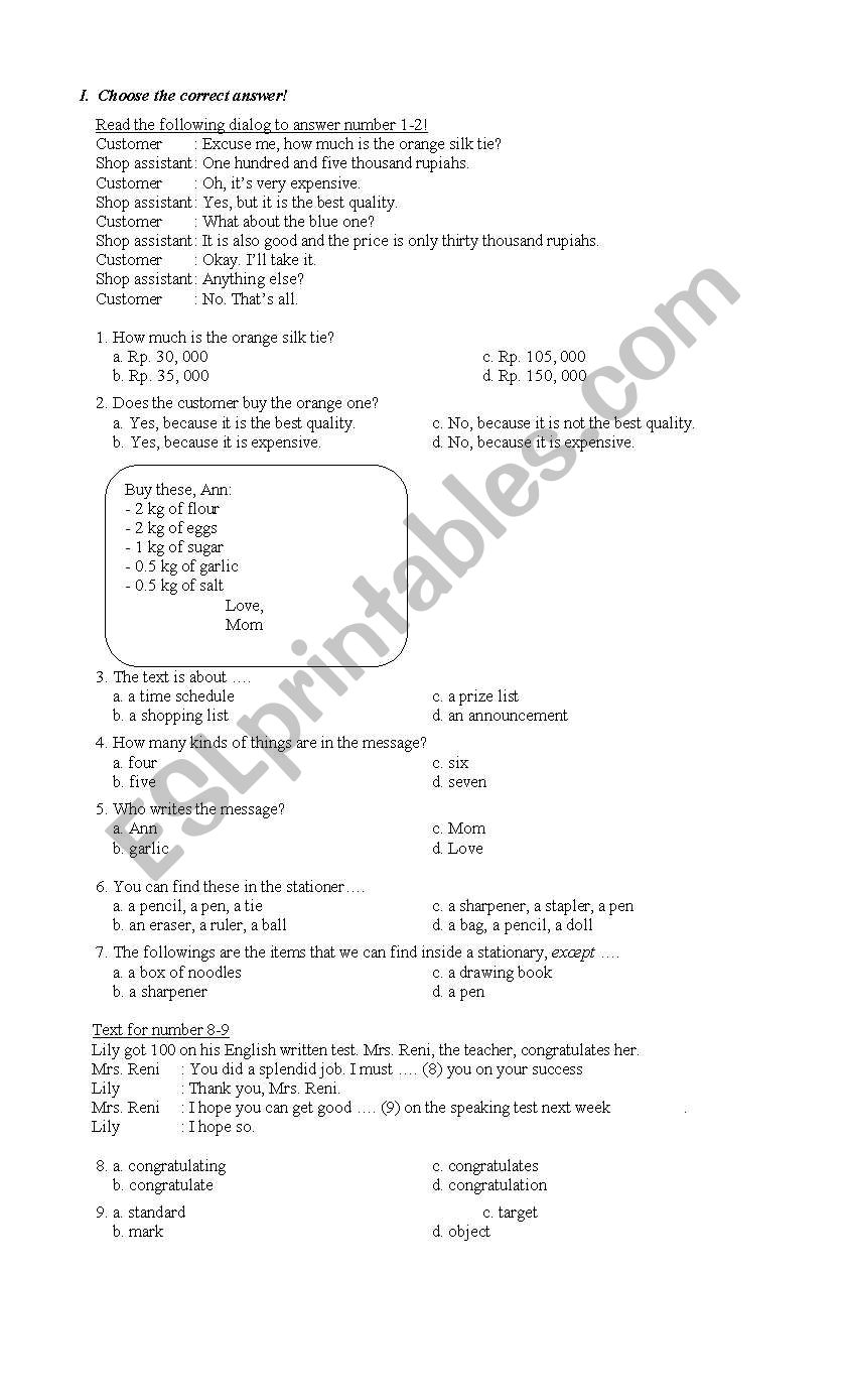 English Multiple Choice Test Elementary Level