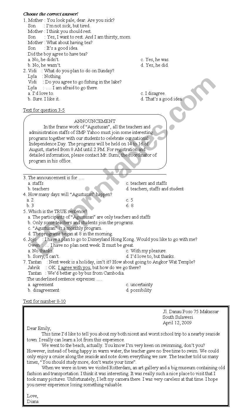 English Multiple Choice Test Upper Elementary Level