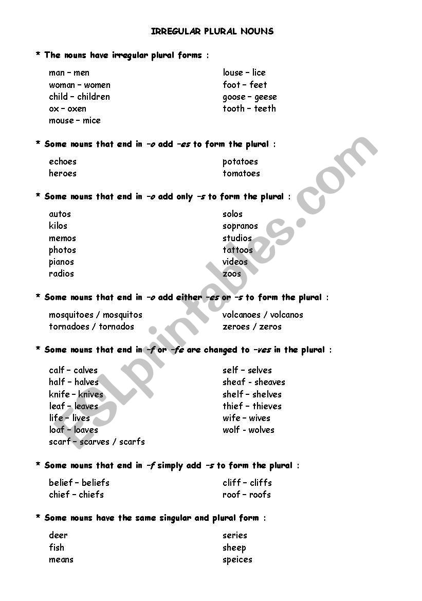 Irregular Plural Nouns Esl Worksheet By Mslina Vas