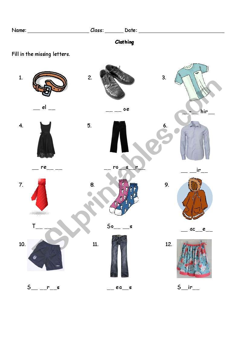 Clothing worksheet