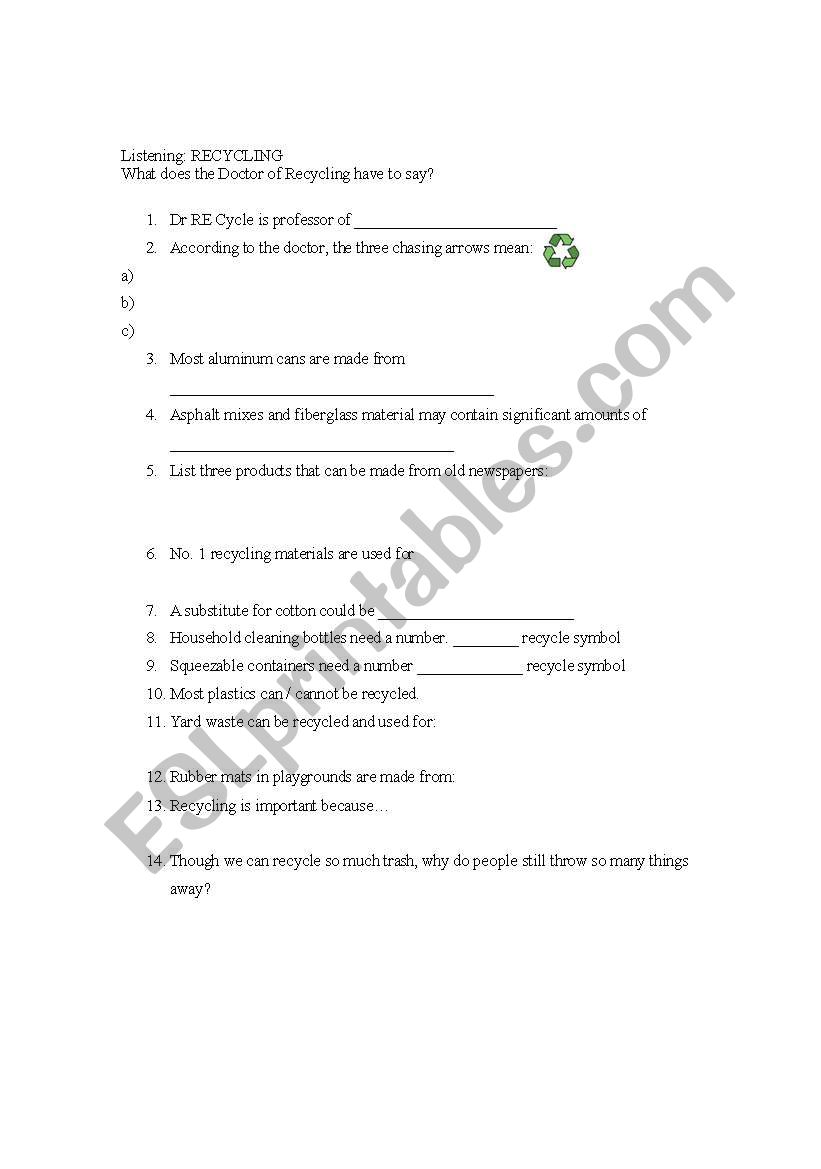 Recycling worksheet