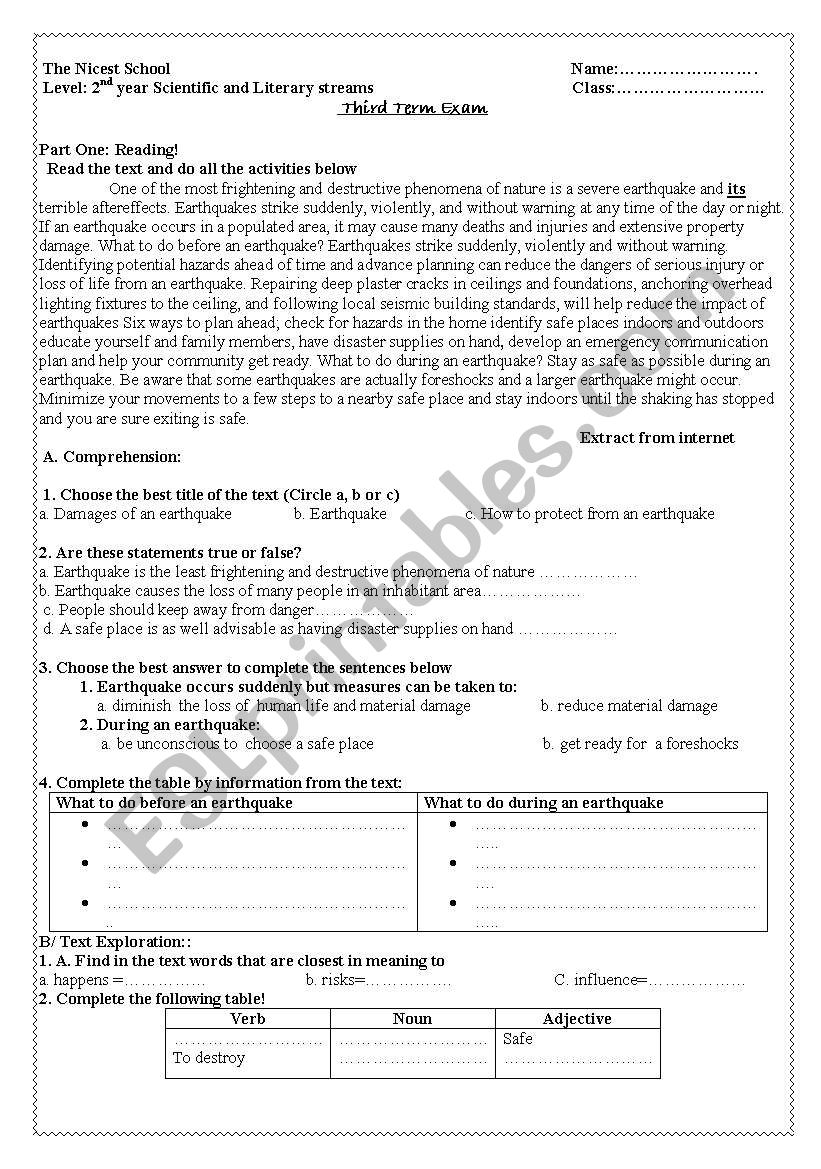 Earthquake Exam Paper worksheet