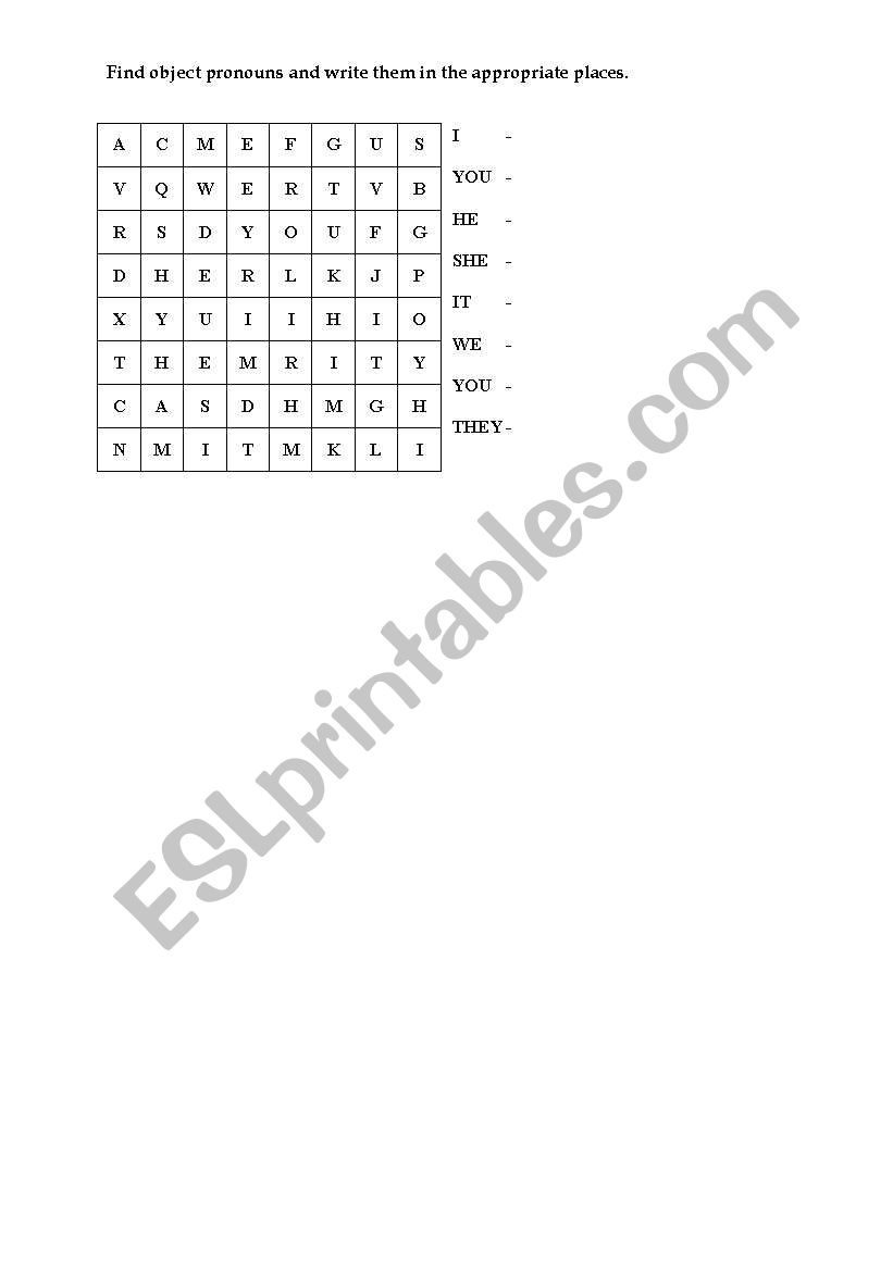 wordsearch - object pronouns worksheet