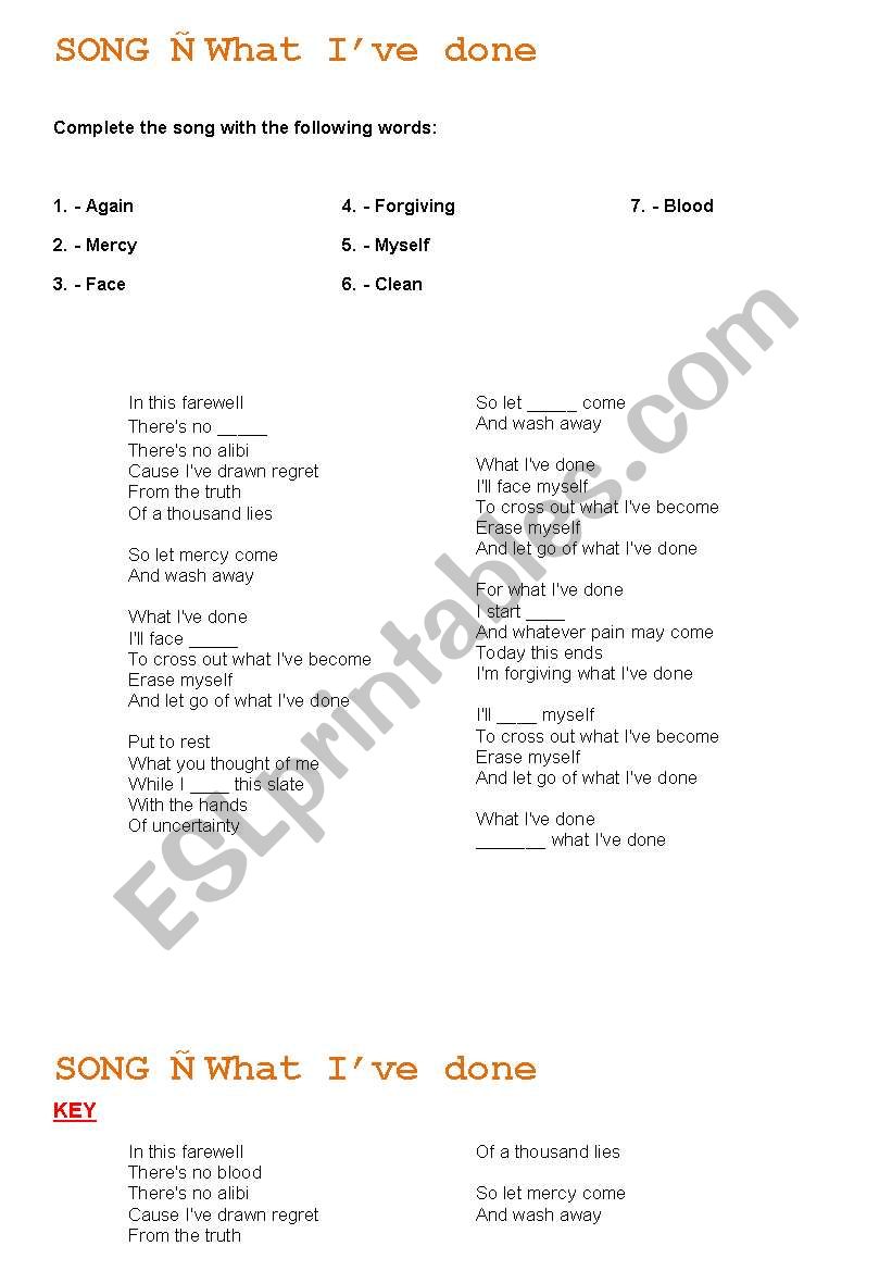 Song-What Ive done worksheet