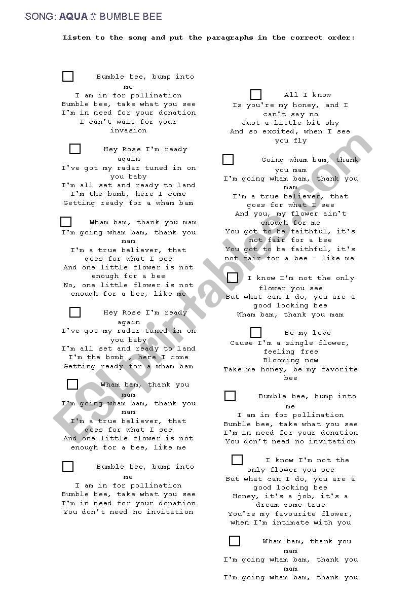 AQUA SONG- JUMBLE BEE worksheet