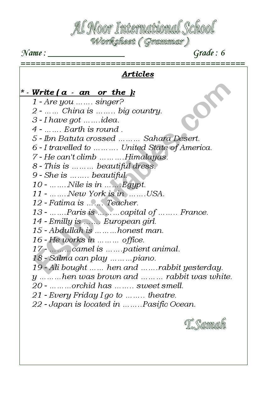 a, an and the exercise  worksheet