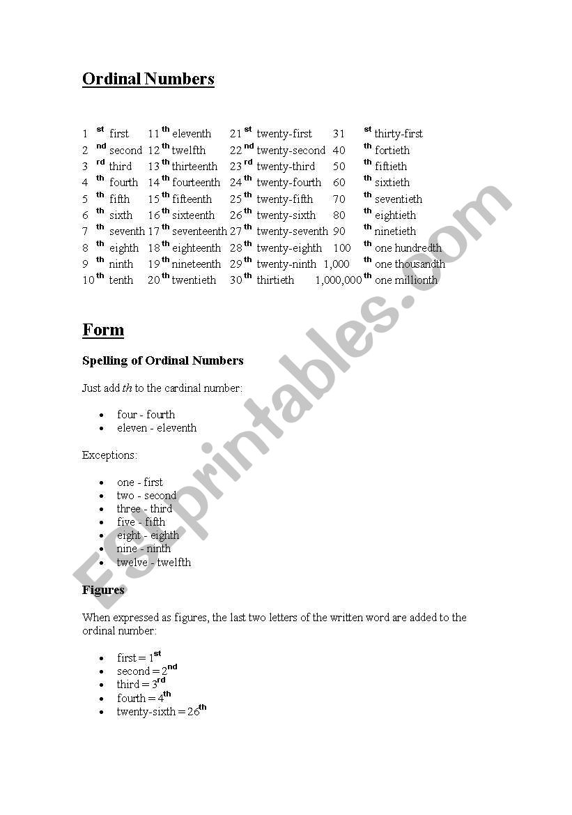 Ordinal Numbers worksheet