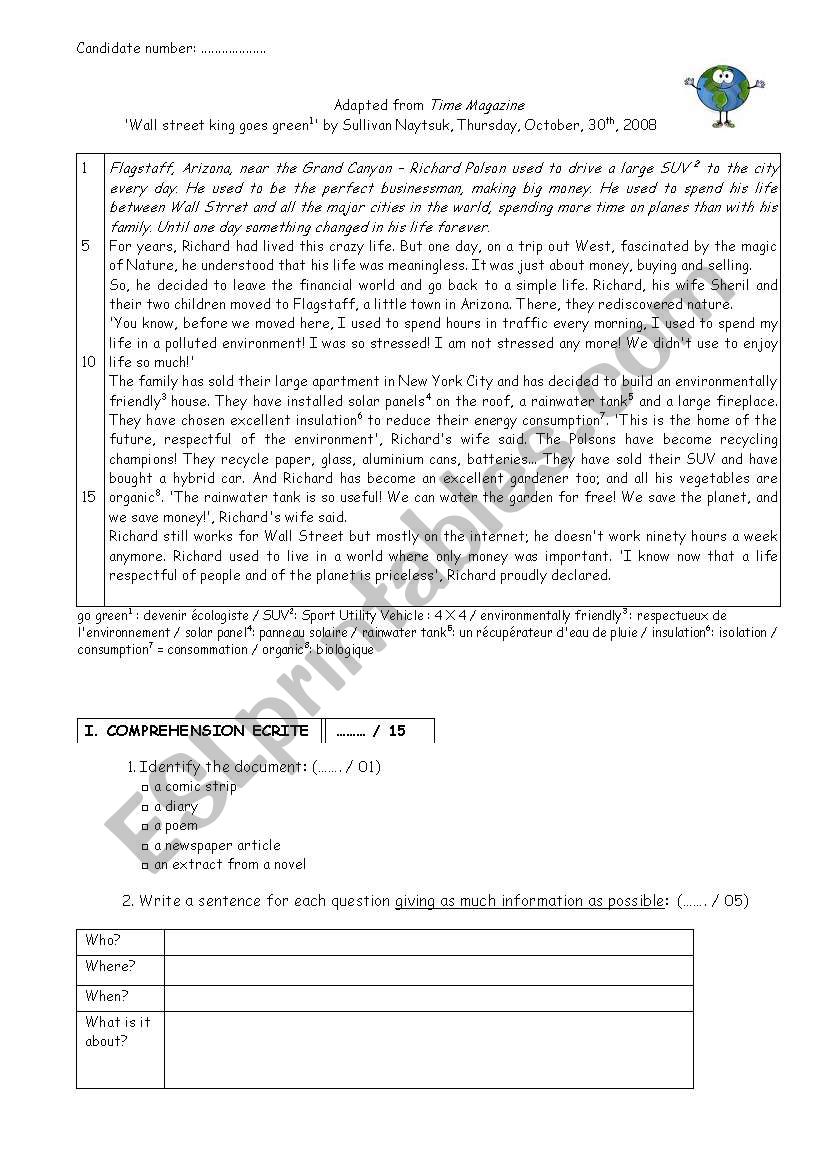 Wall street king goes green worksheet