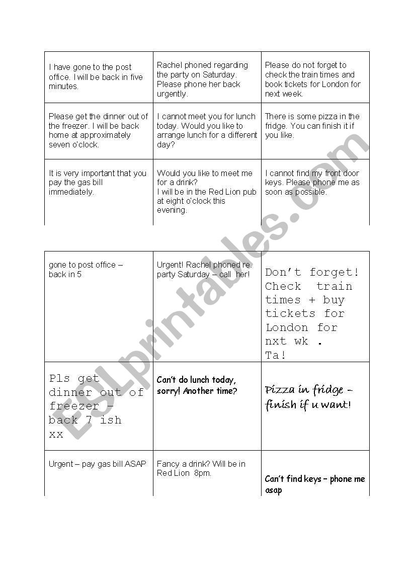 notes and messages worksheet