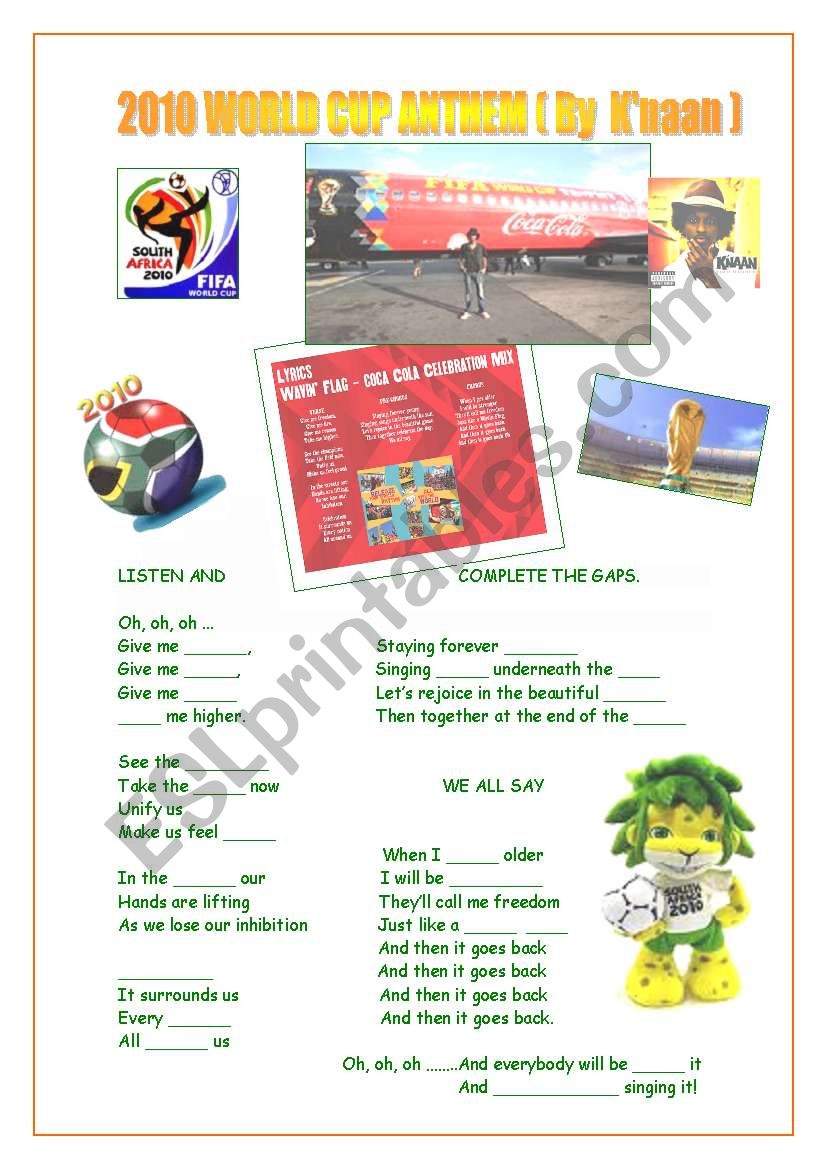 2010 World Cup Anthem worksheet
