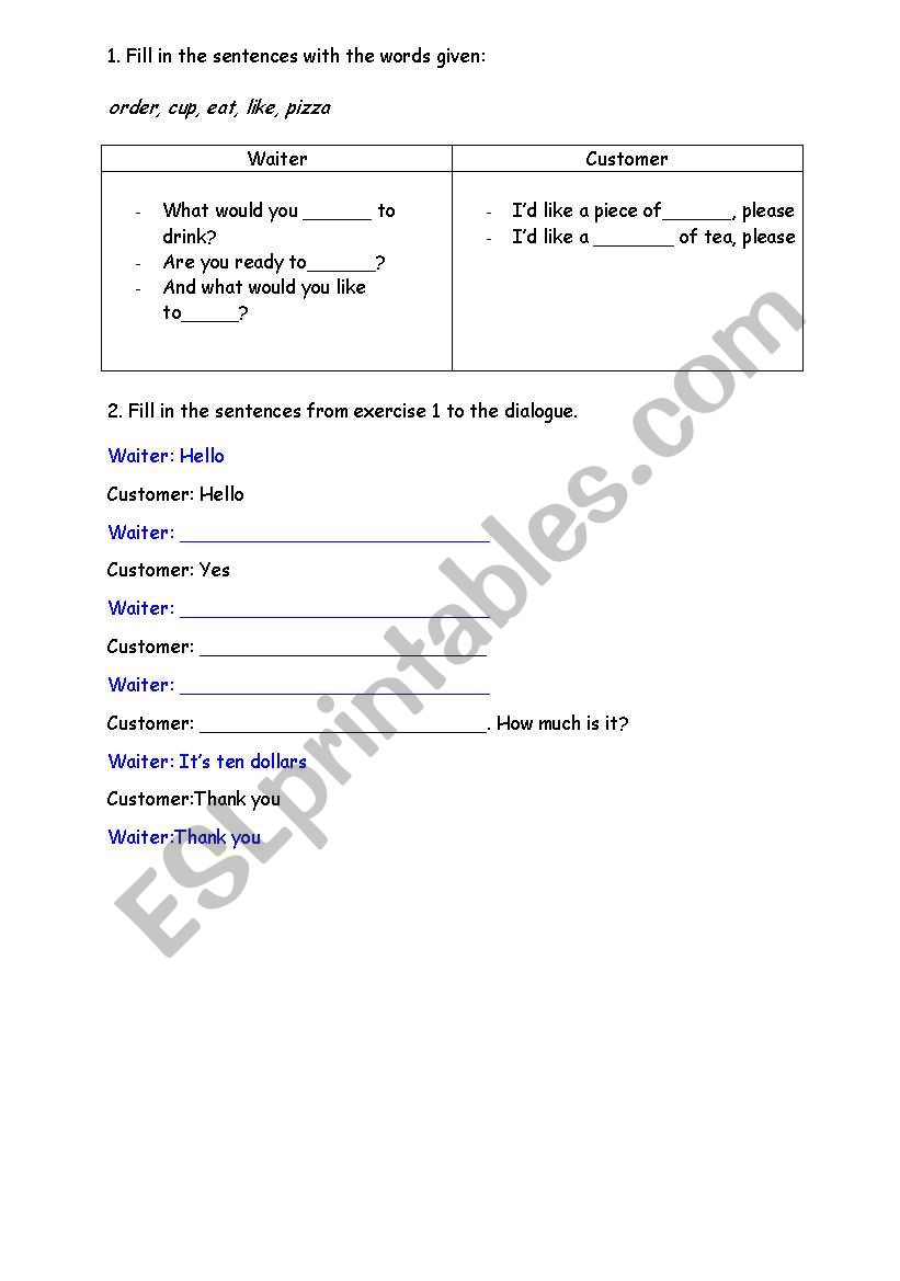 in a restaurant worksheet