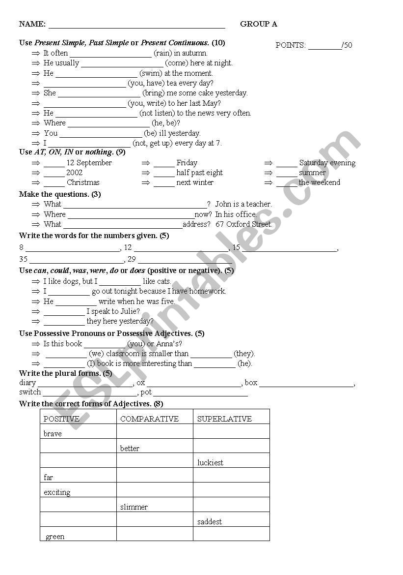 Elementary Test - 2 groups worksheet