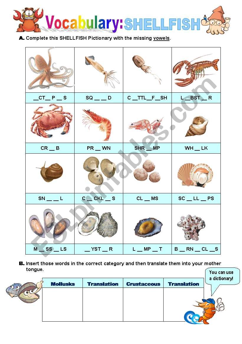 Shellfish Pictionary worksheet