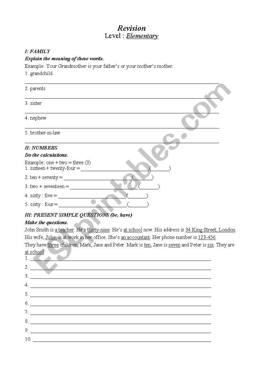 Vocabulary revision worksheet