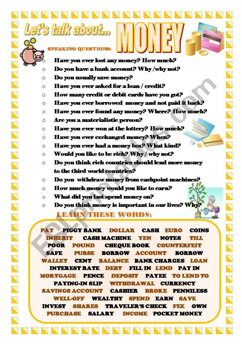 let s talk about money speaking series 22 esl worksheet by joebcn