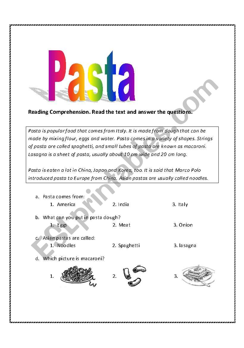 pasta worksheet