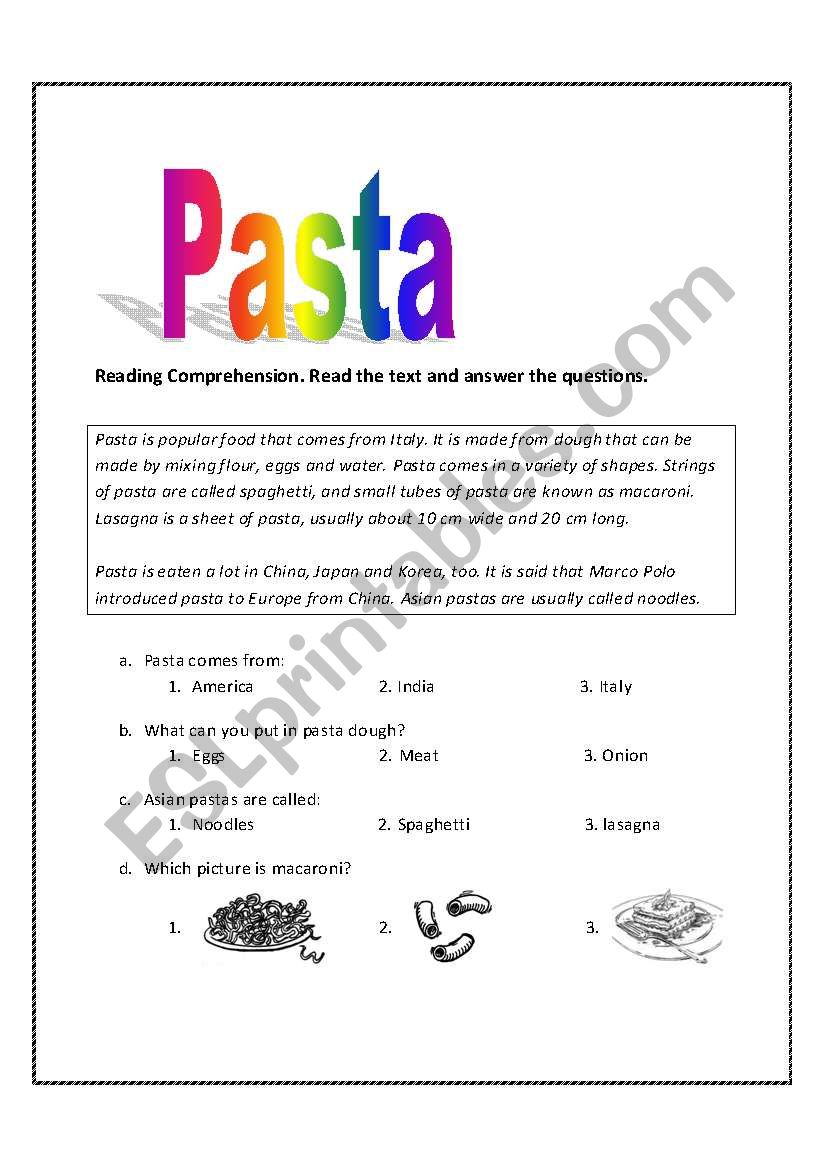 pasta worksheet