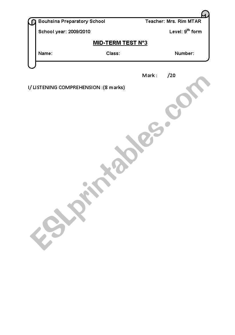 MID TERM TEST NÂ°3 worksheet