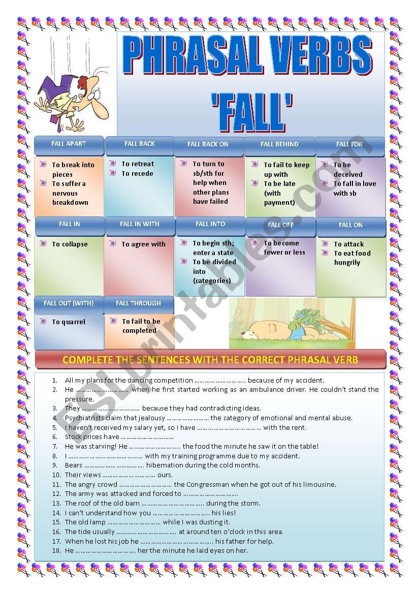 Глагол fall английский. Фразовый глагол Fall Worksheets. Fall Phrasal verbs. Фразовые глаголы в английском Fall. Фразовый глагол Fall все значения.