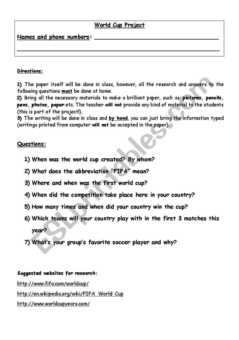 World Cup Project! worksheet