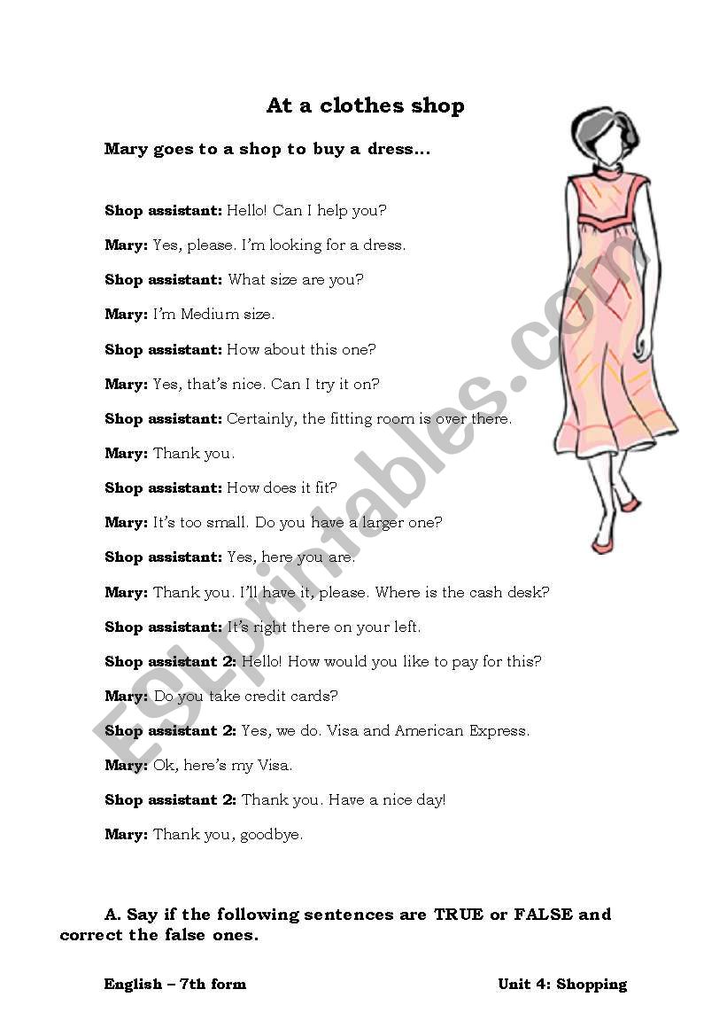 At a clothes shop worksheet