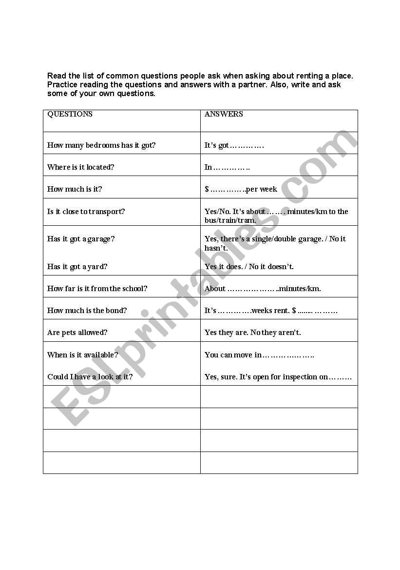 Housing questions worksheet