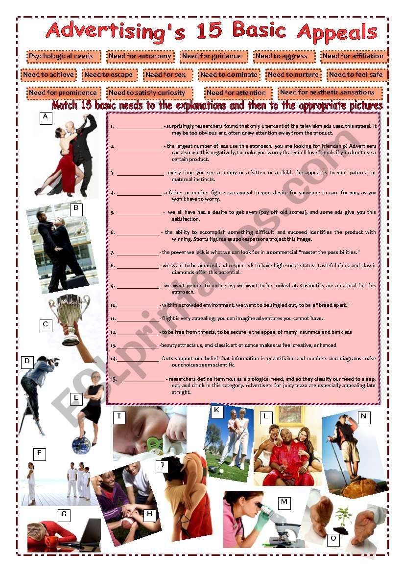 Advertisings 15 Basic Appeals (2 pages with answers)