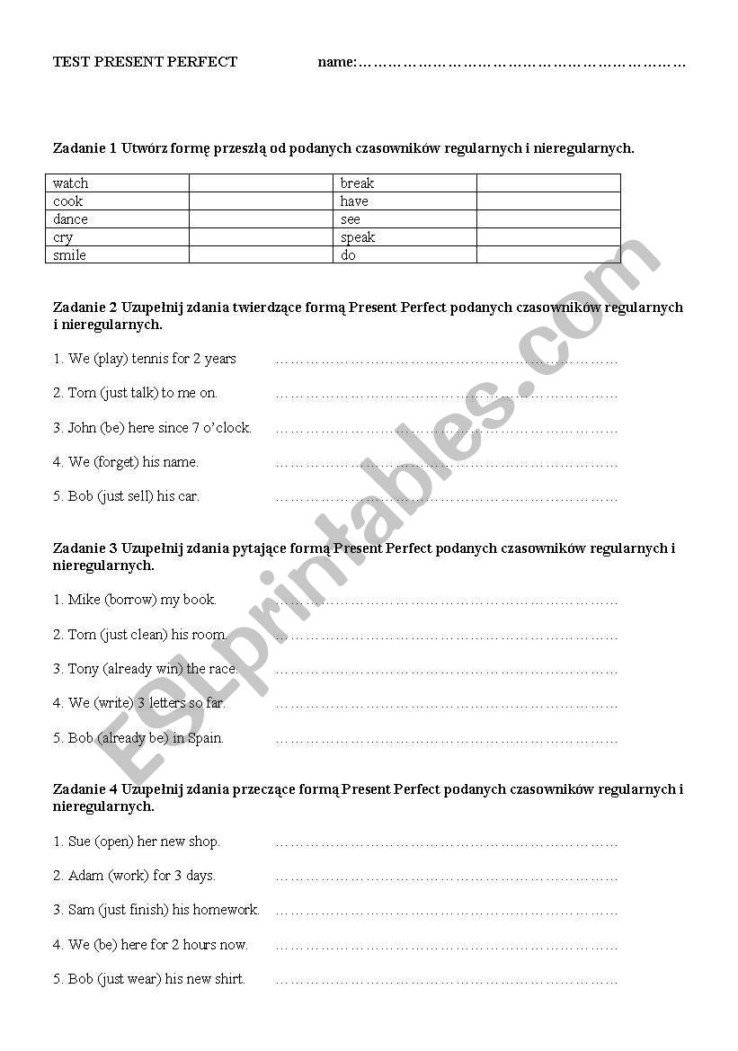 Present Perfect Test worksheet