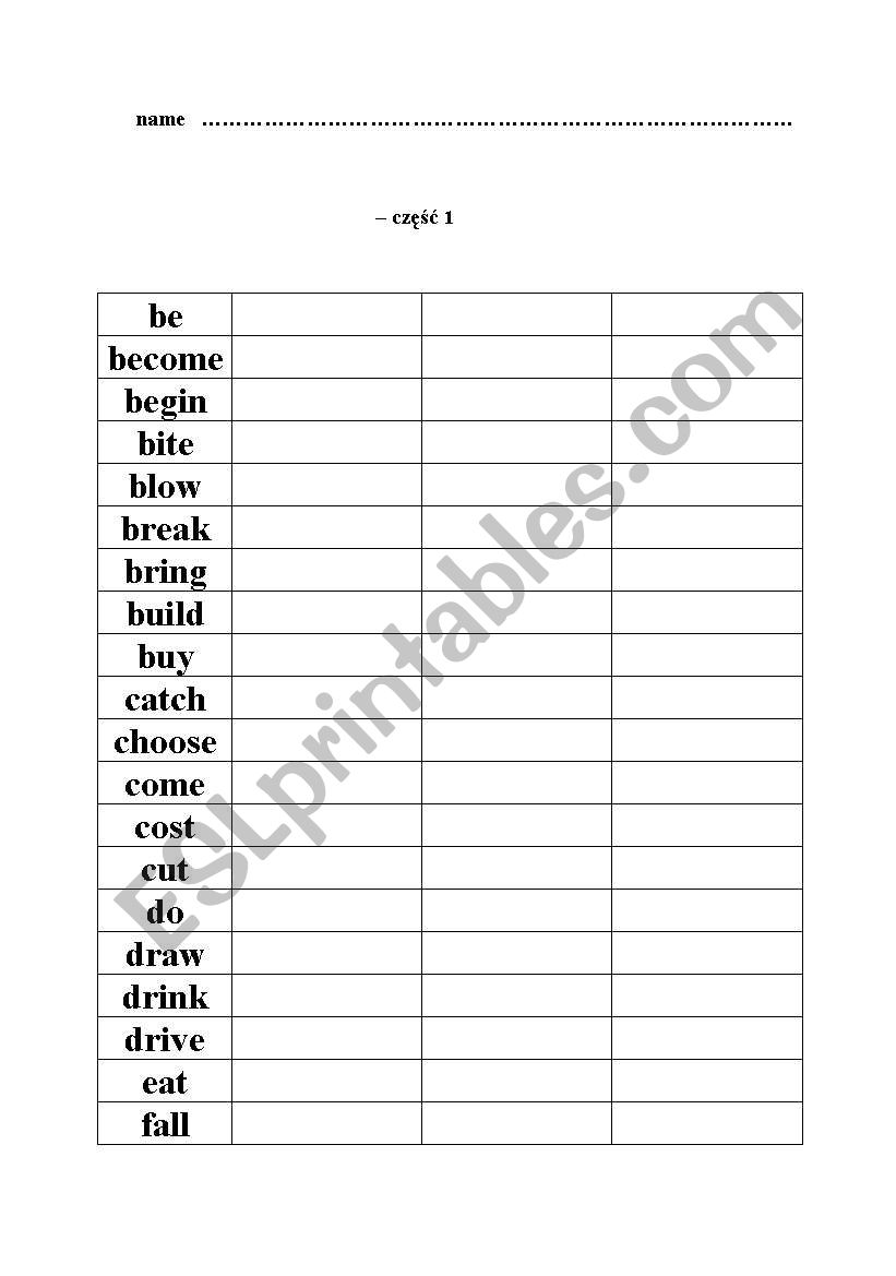 Irregular verbs test worksheet