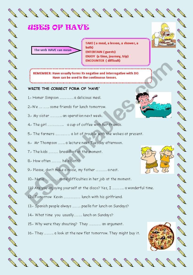 USES OF HAVE worksheet