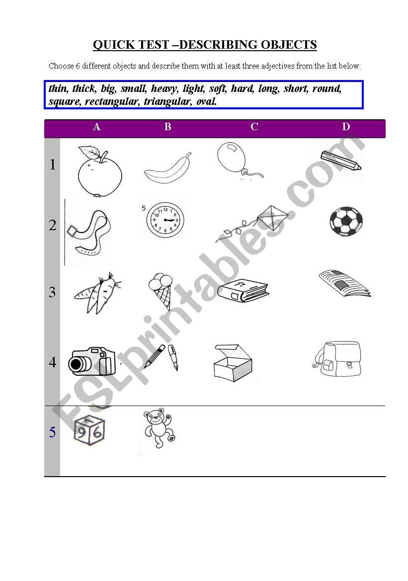 describing objects worksheet