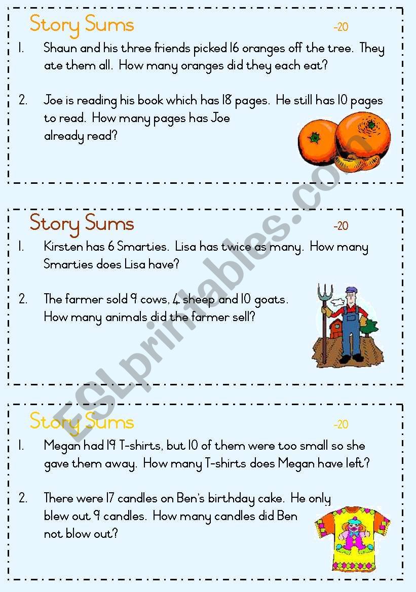 Story sums - answers under 20 worksheet