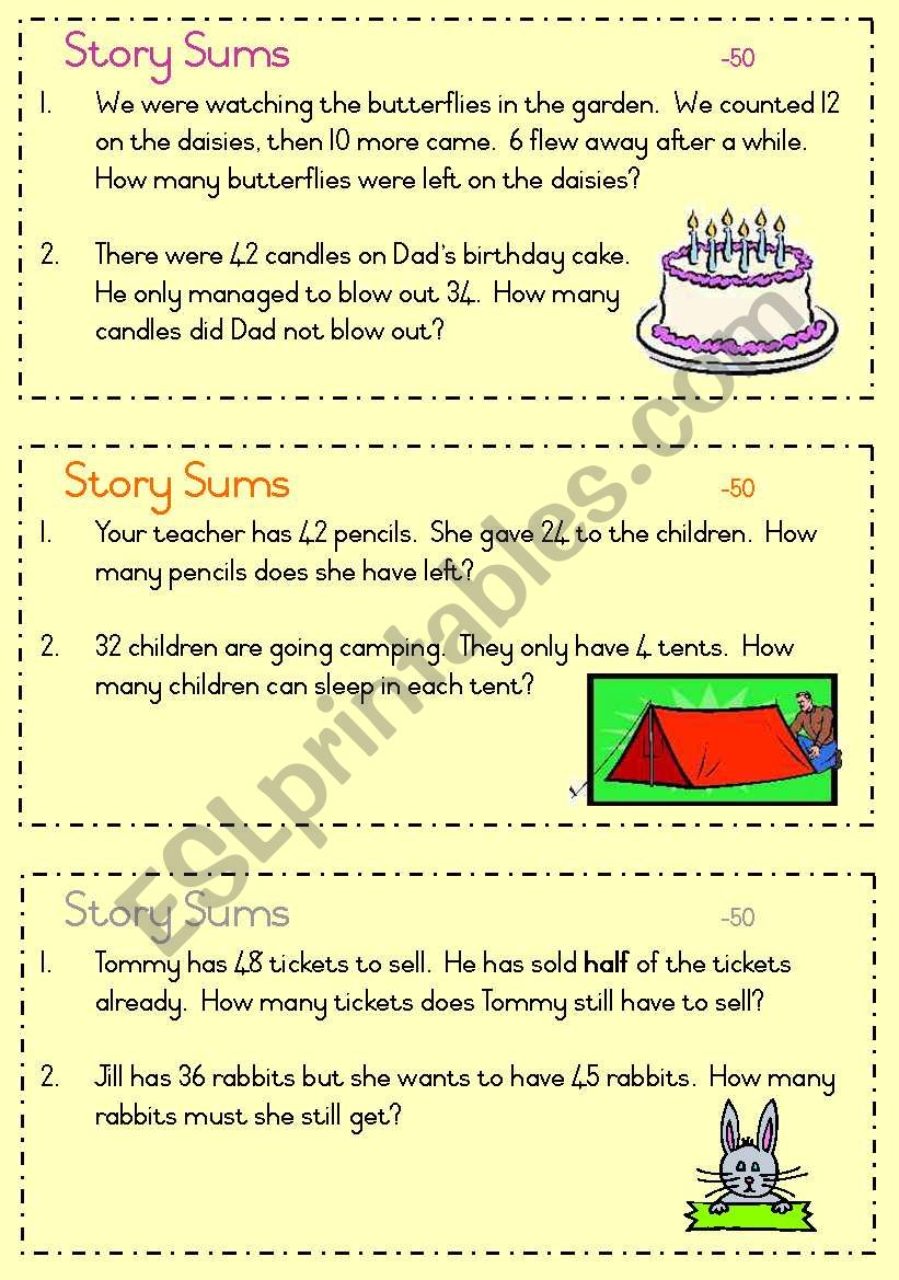Story sums - answers under 50 worksheet