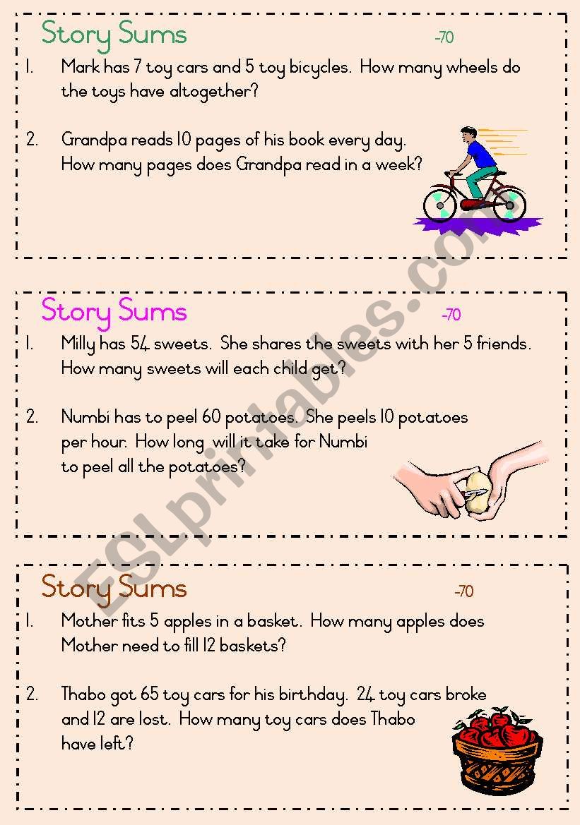 Story sums - answers under 70 worksheet