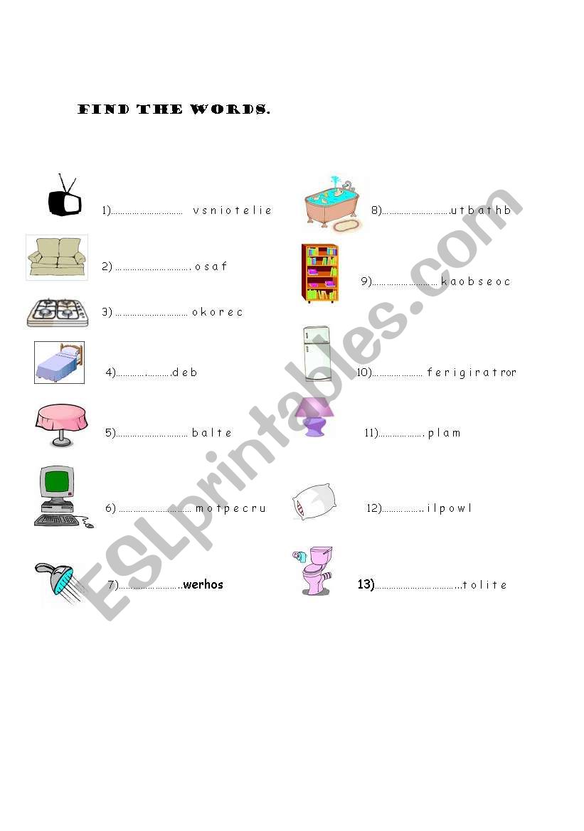 furnitures worksheet