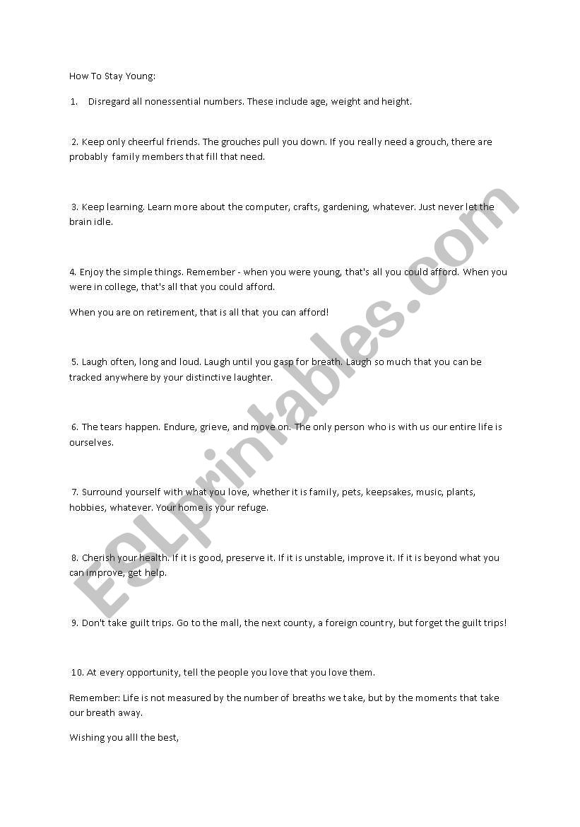 how to stay young worksheet