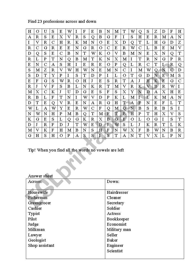 Professions Wordsearch worksheet