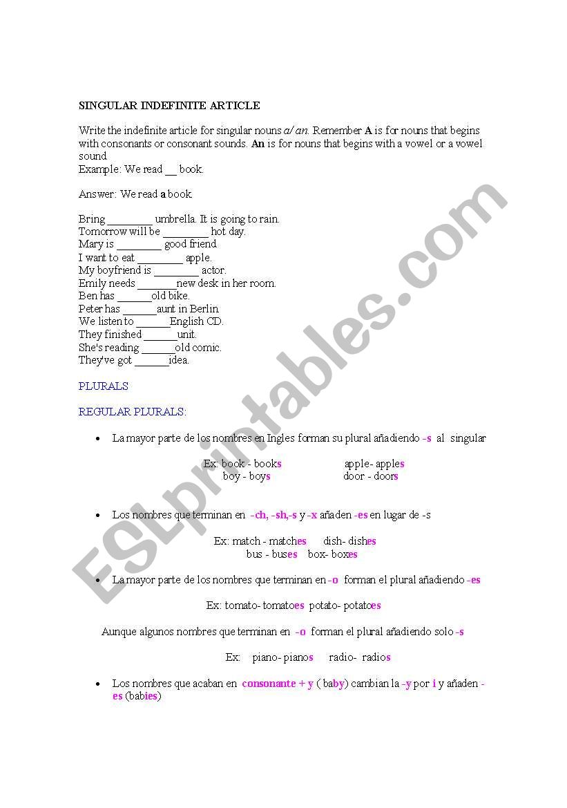 exercises for article A/ AN and plurals