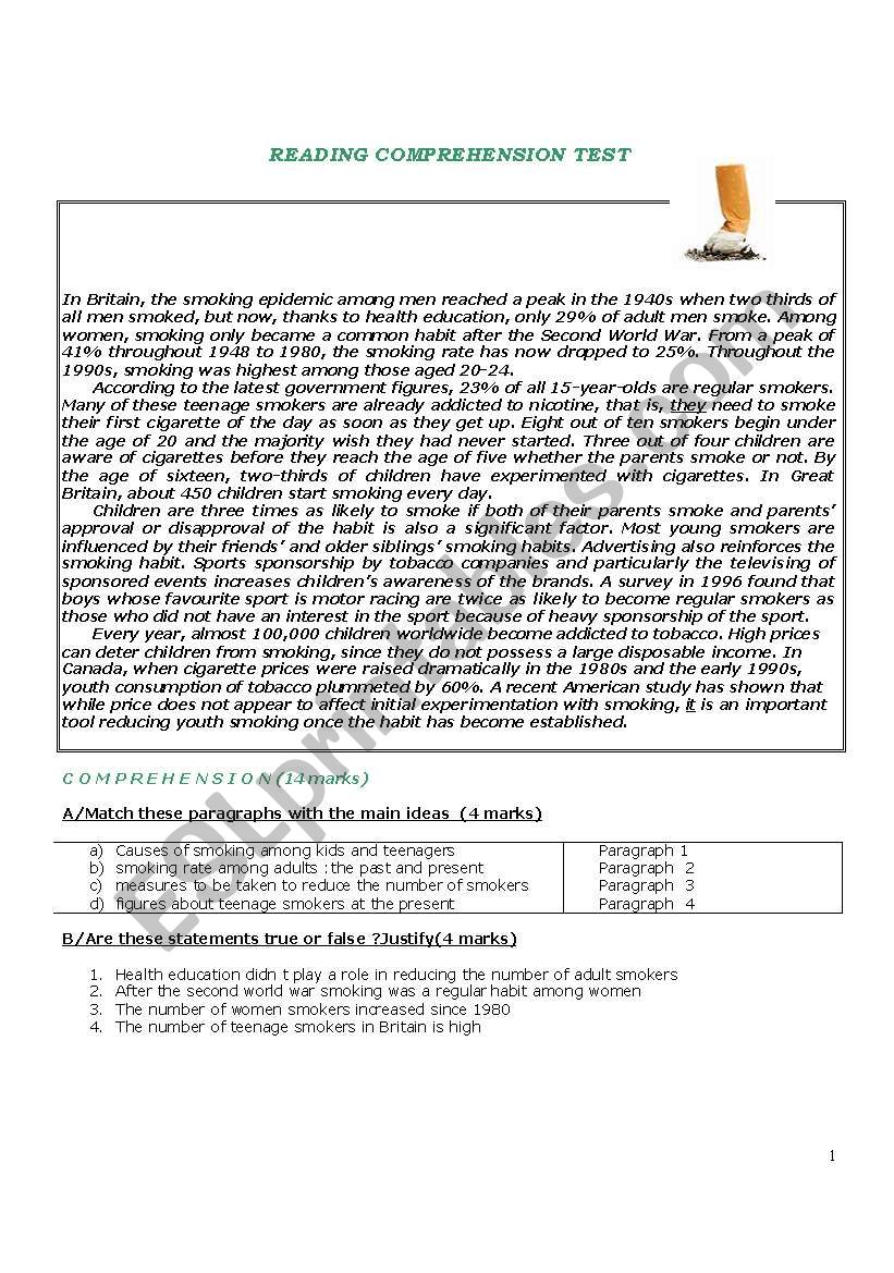 Reading comprehension Test about smoking