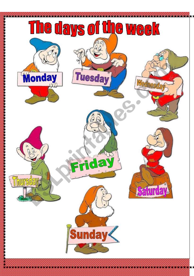 The days of the week with the seven dwarves-classroom poster+ten activities