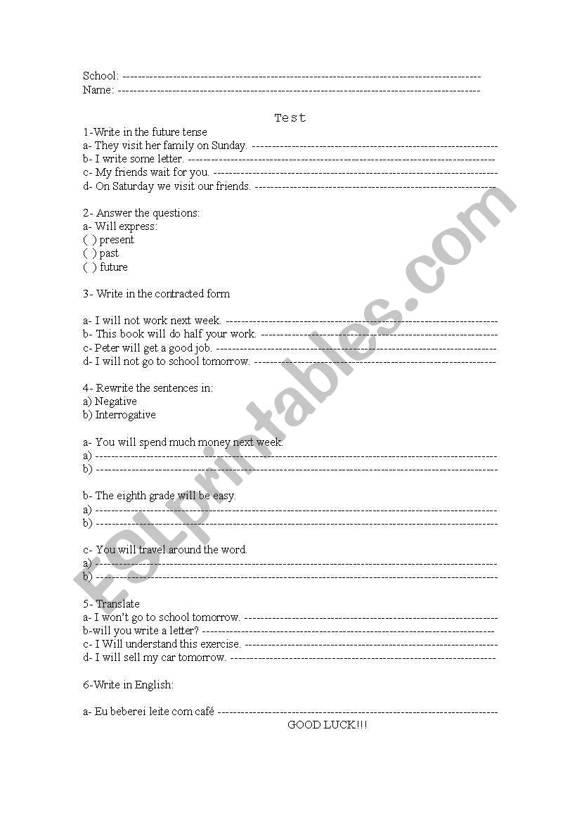 test- future tense worksheet