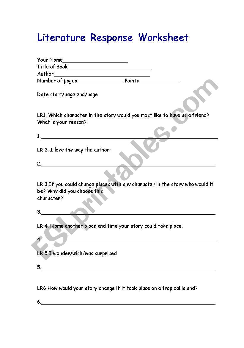 Literature Response Worksheet worksheet