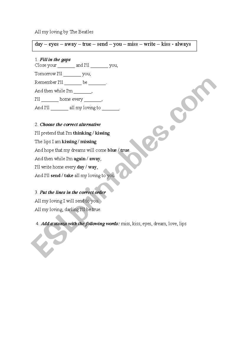 All my loving worksheet