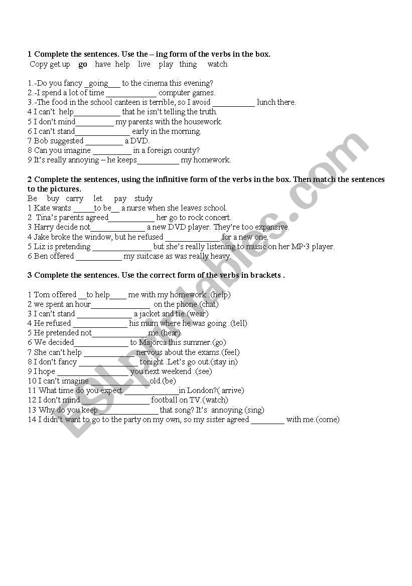 gerund and  infinitive form worksheet