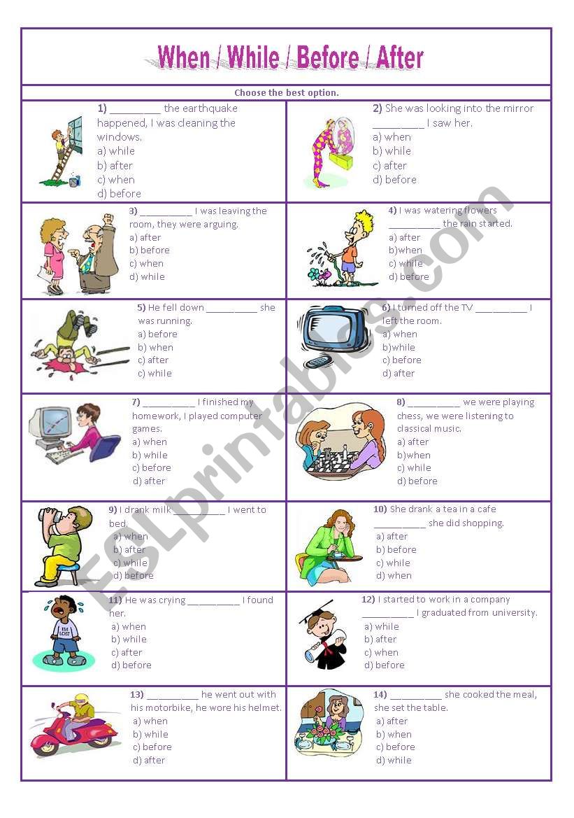 when / while / before / after - multiple choice test