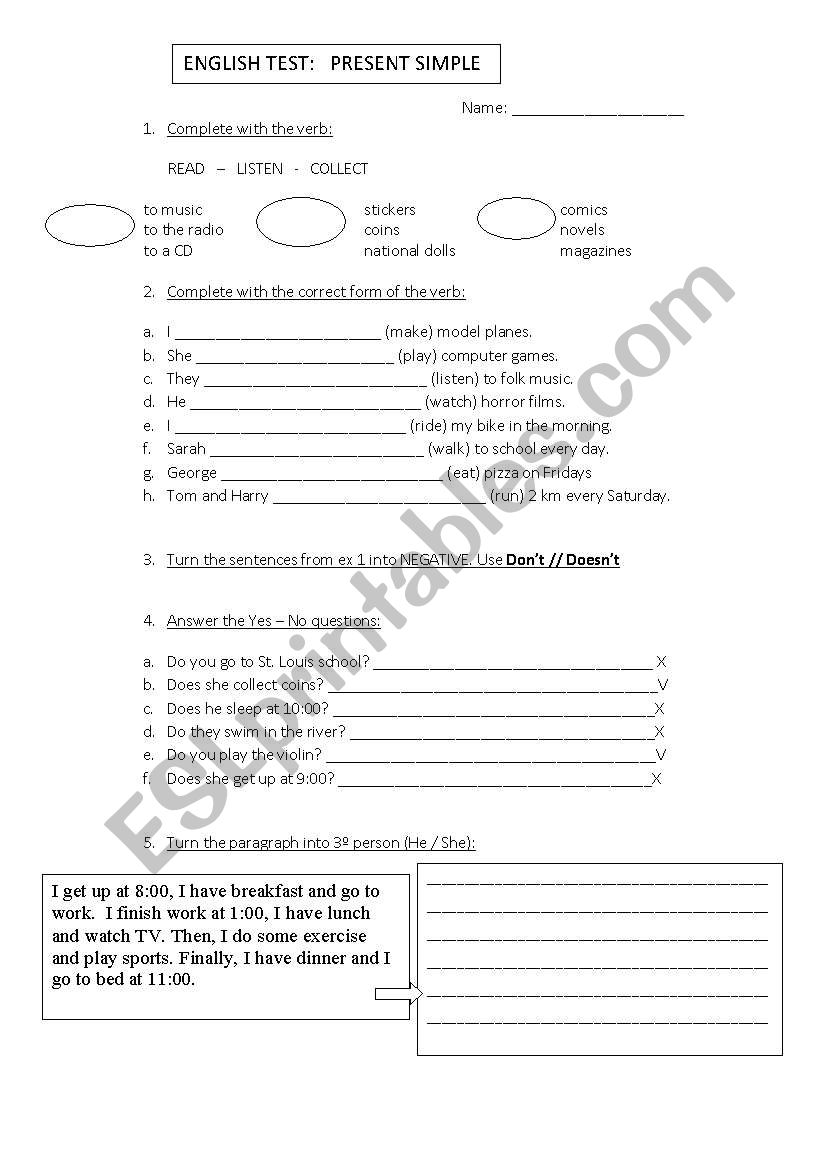 Present Simple Test worksheet