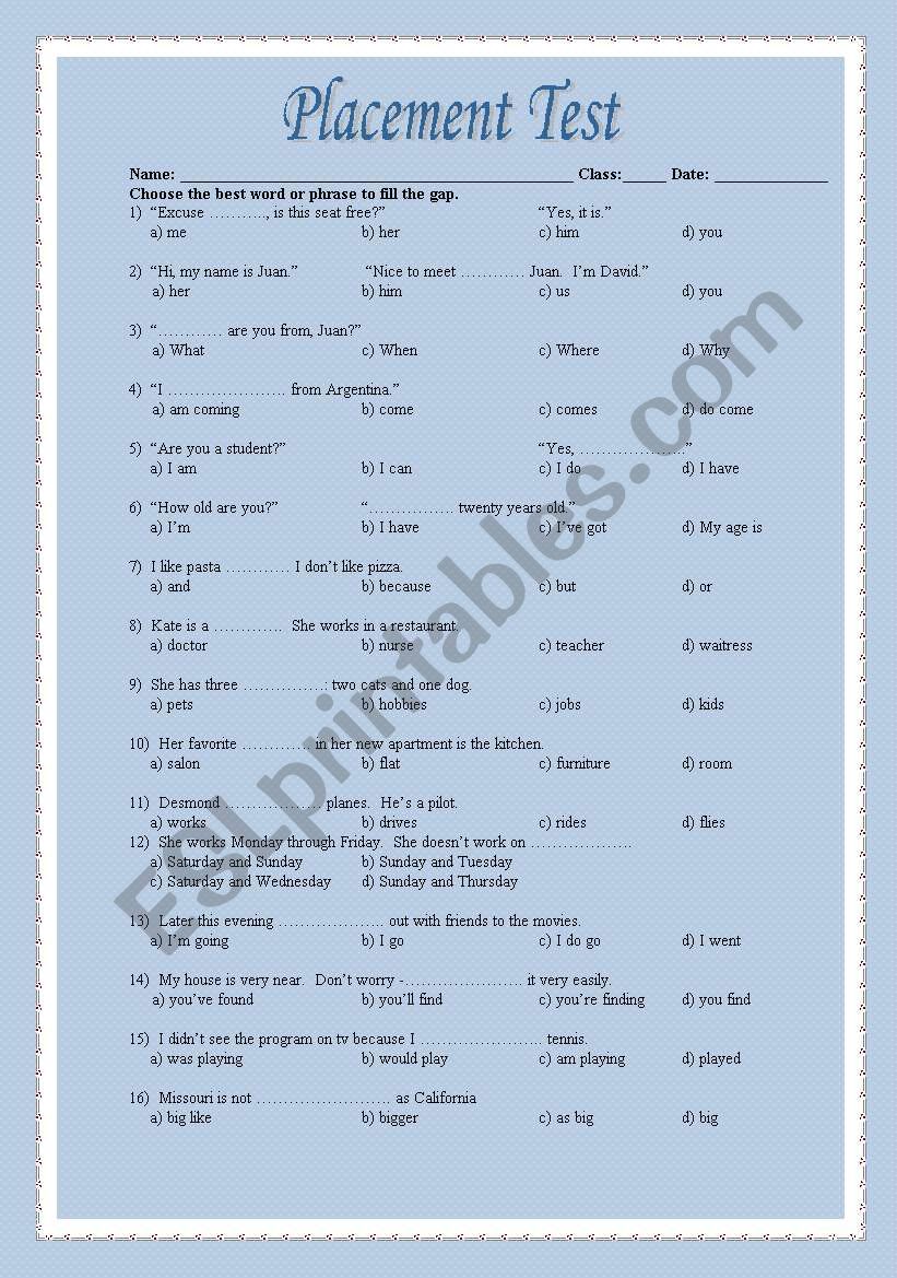 Placement Test worksheet