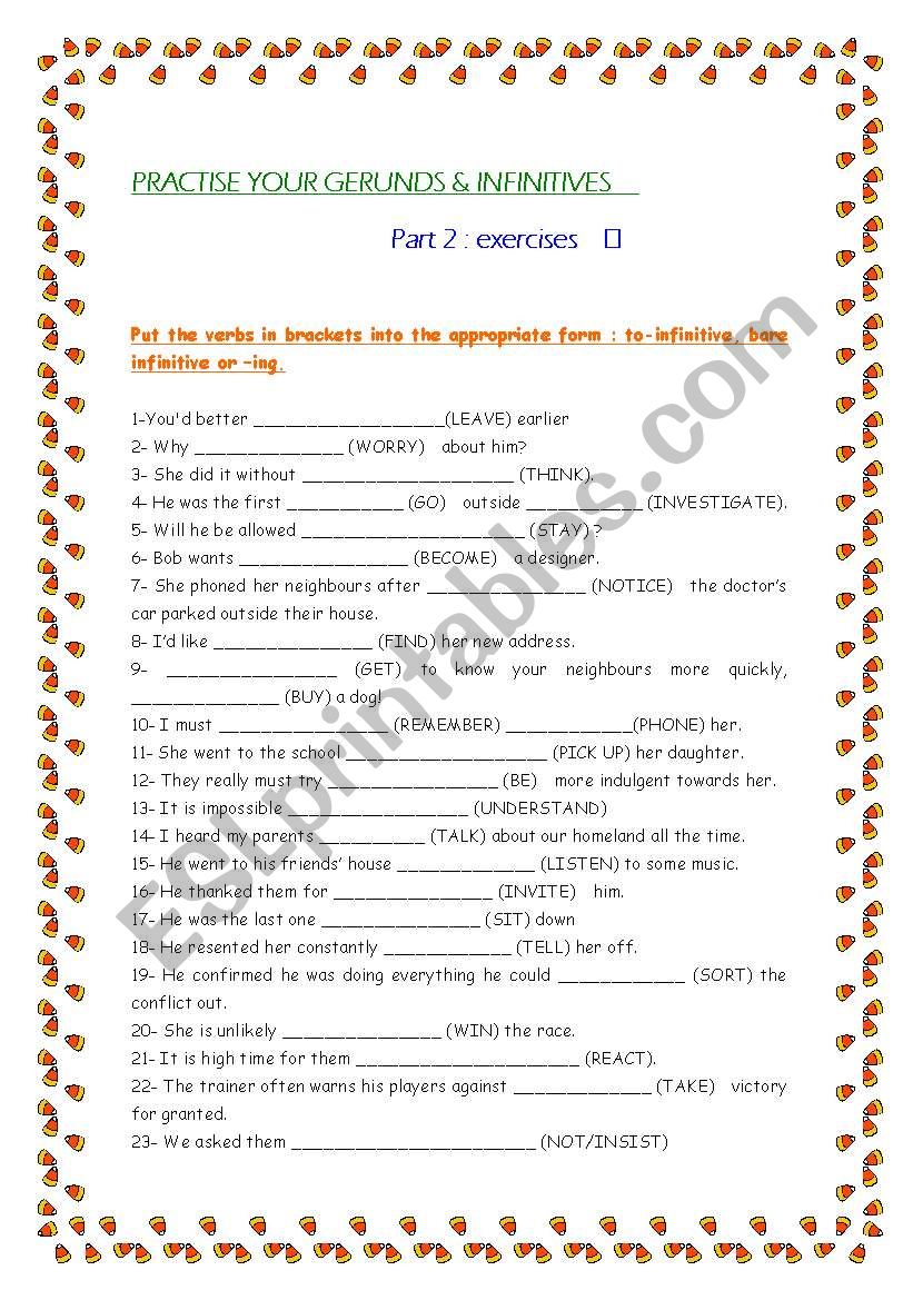 Practise your gerund & infinitives PART 2 : exercises+keys