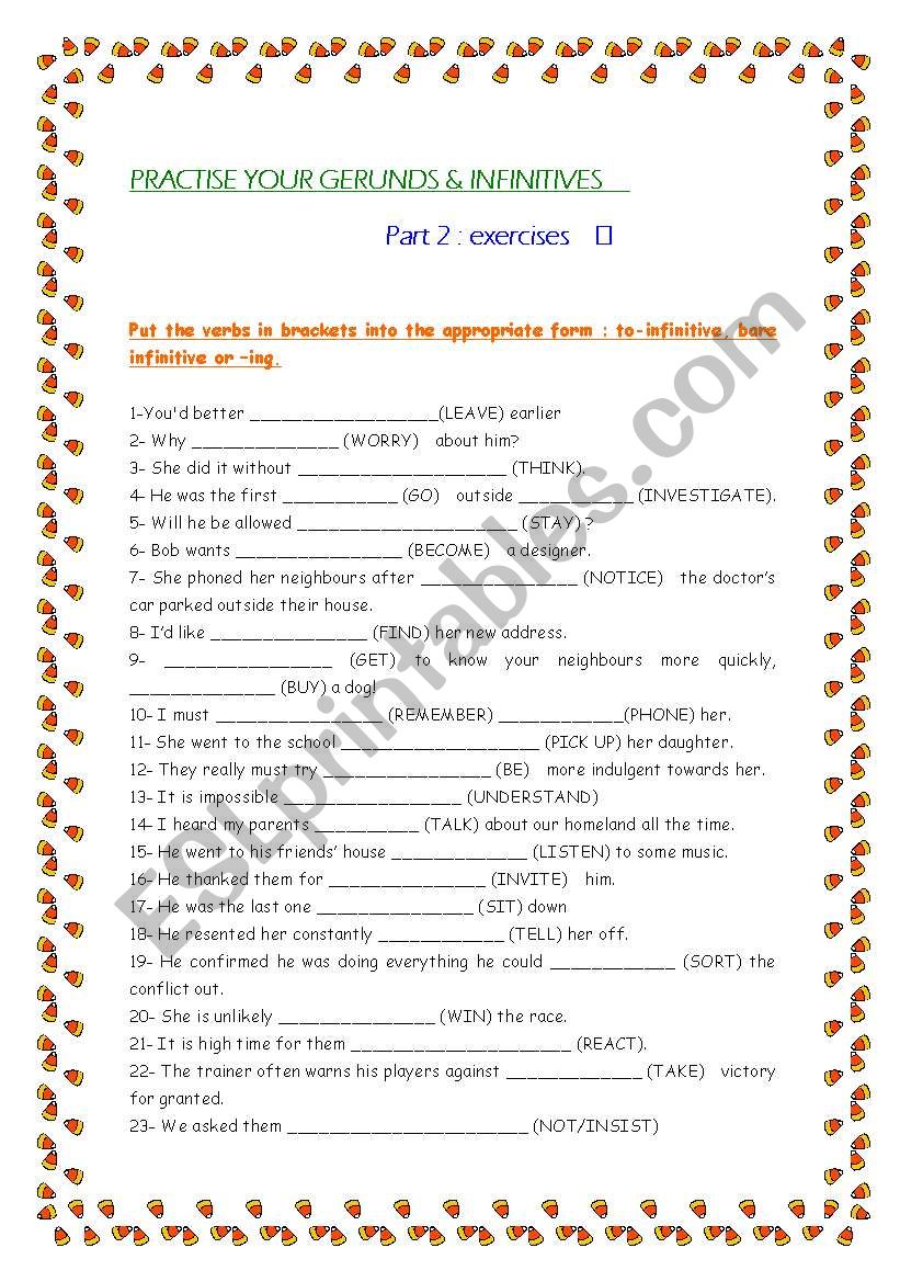 Practise your gerund & infinitives PART 2 : exercises+keys
